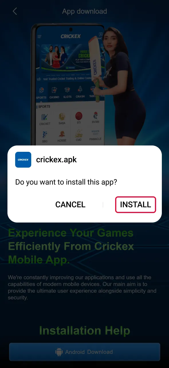 Execute the downloaded file to enable Aviator inside the Crickex app.