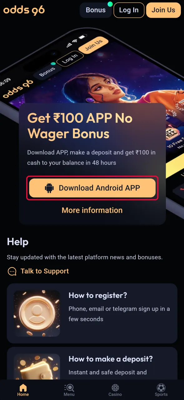 Locate the app download link to install Aviator on Odds96.
